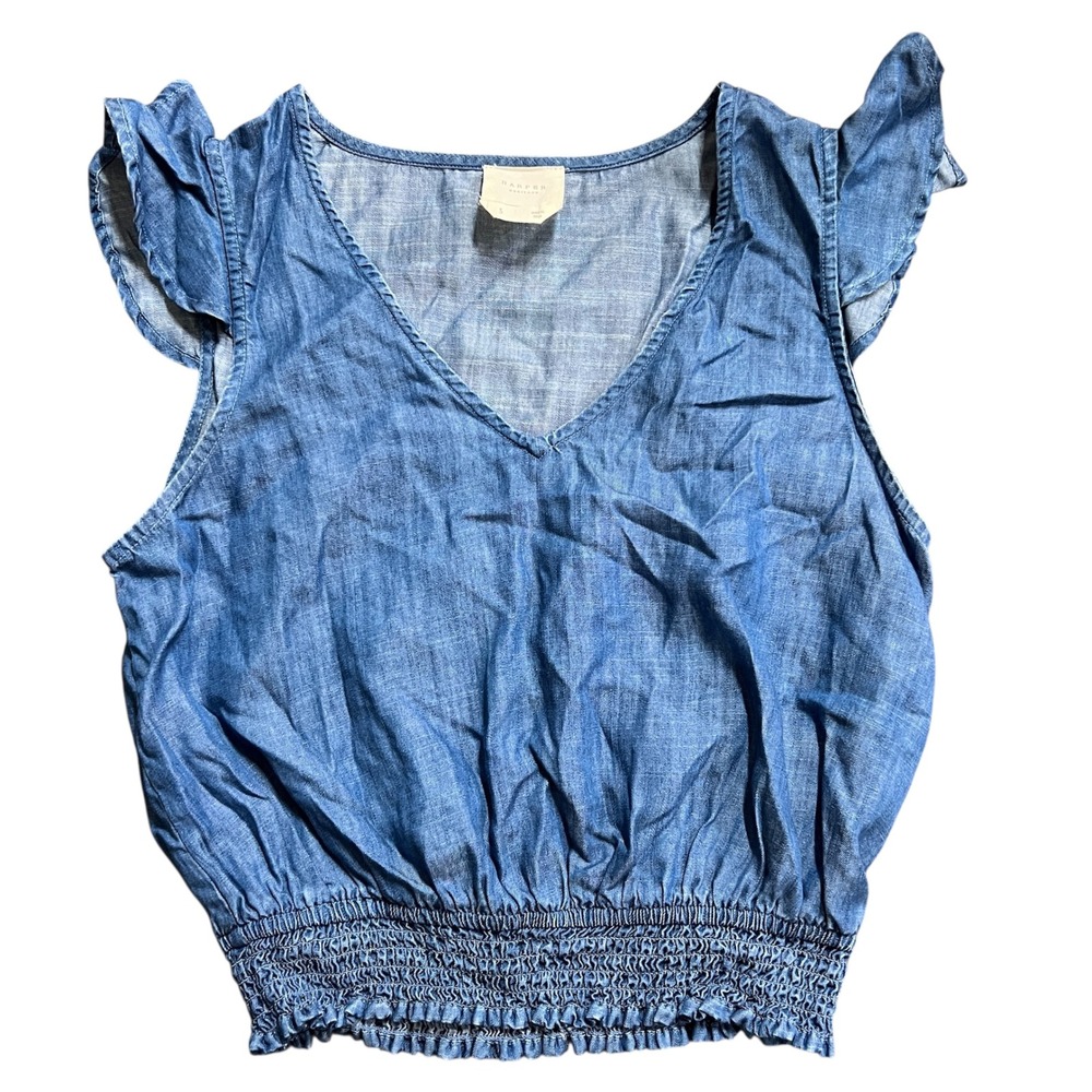 Harper Heritage Chambray Ruffle Sleeve Smocked Waist Top - Women's/Junior Crop‎